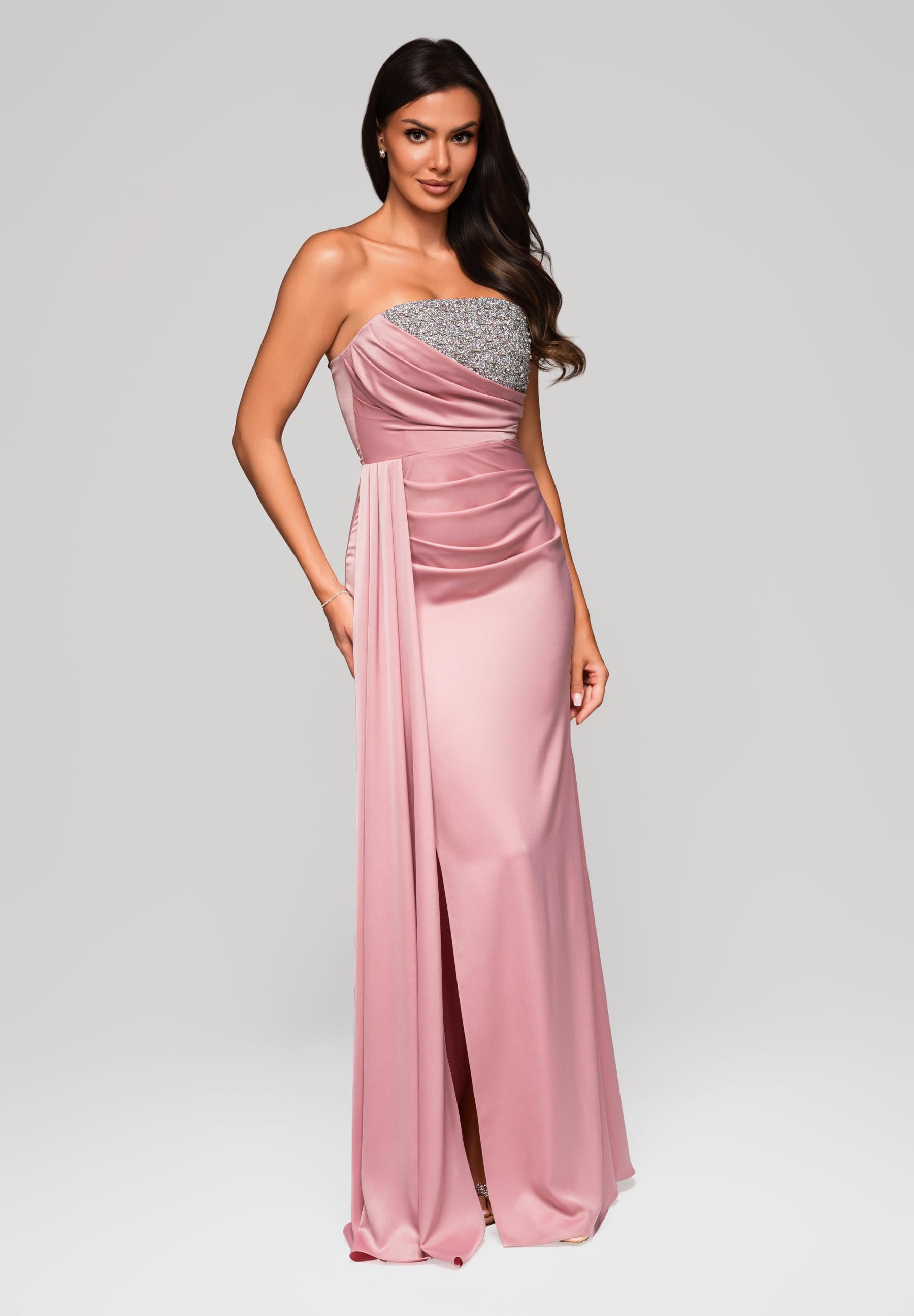 Rosa Maxi-Abendkleid aus Satin mit geradem Ausschnitt — 5