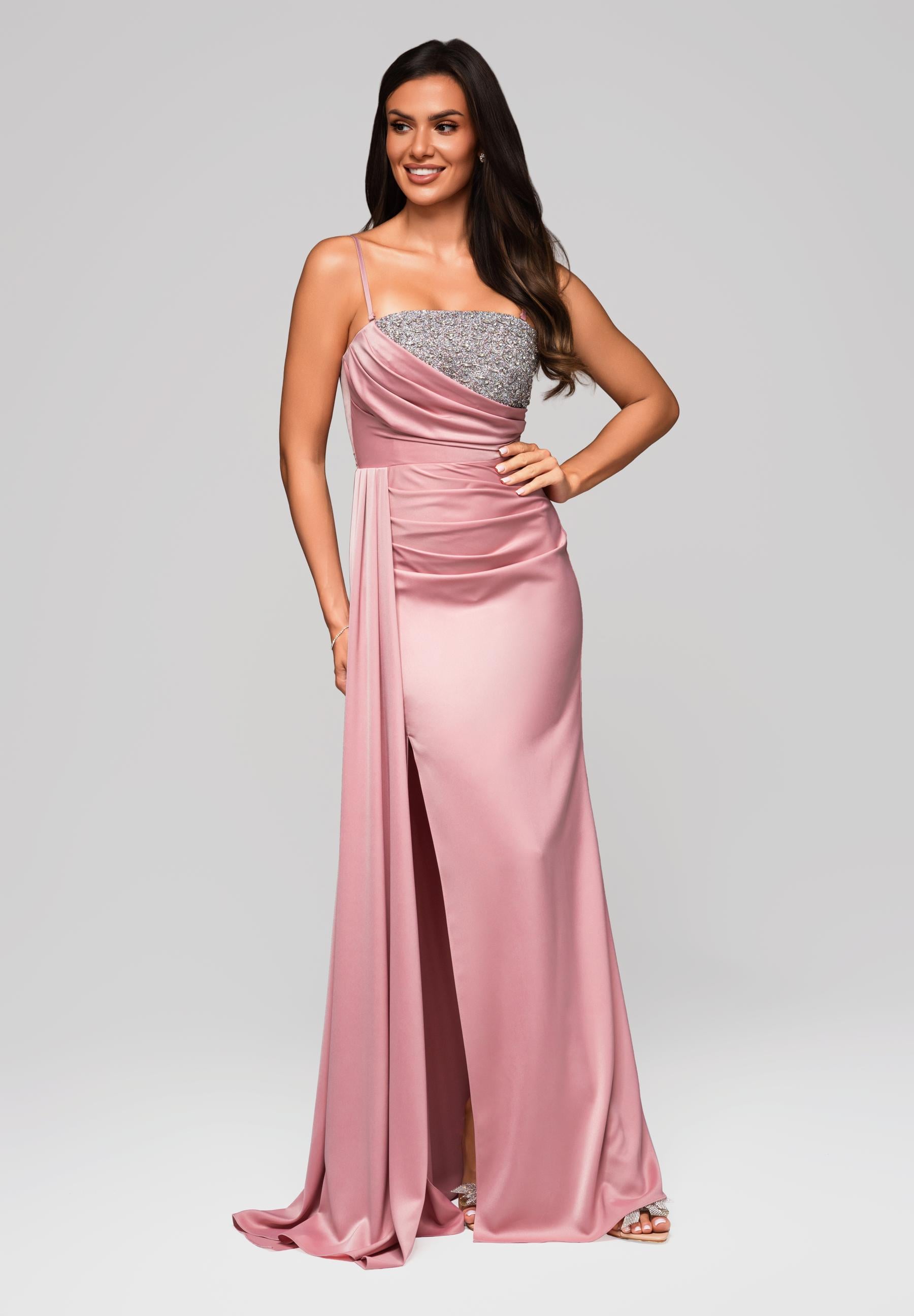 Rosa Maxi-Abendkleid aus Satin mit geradem Ausschnitt — 6