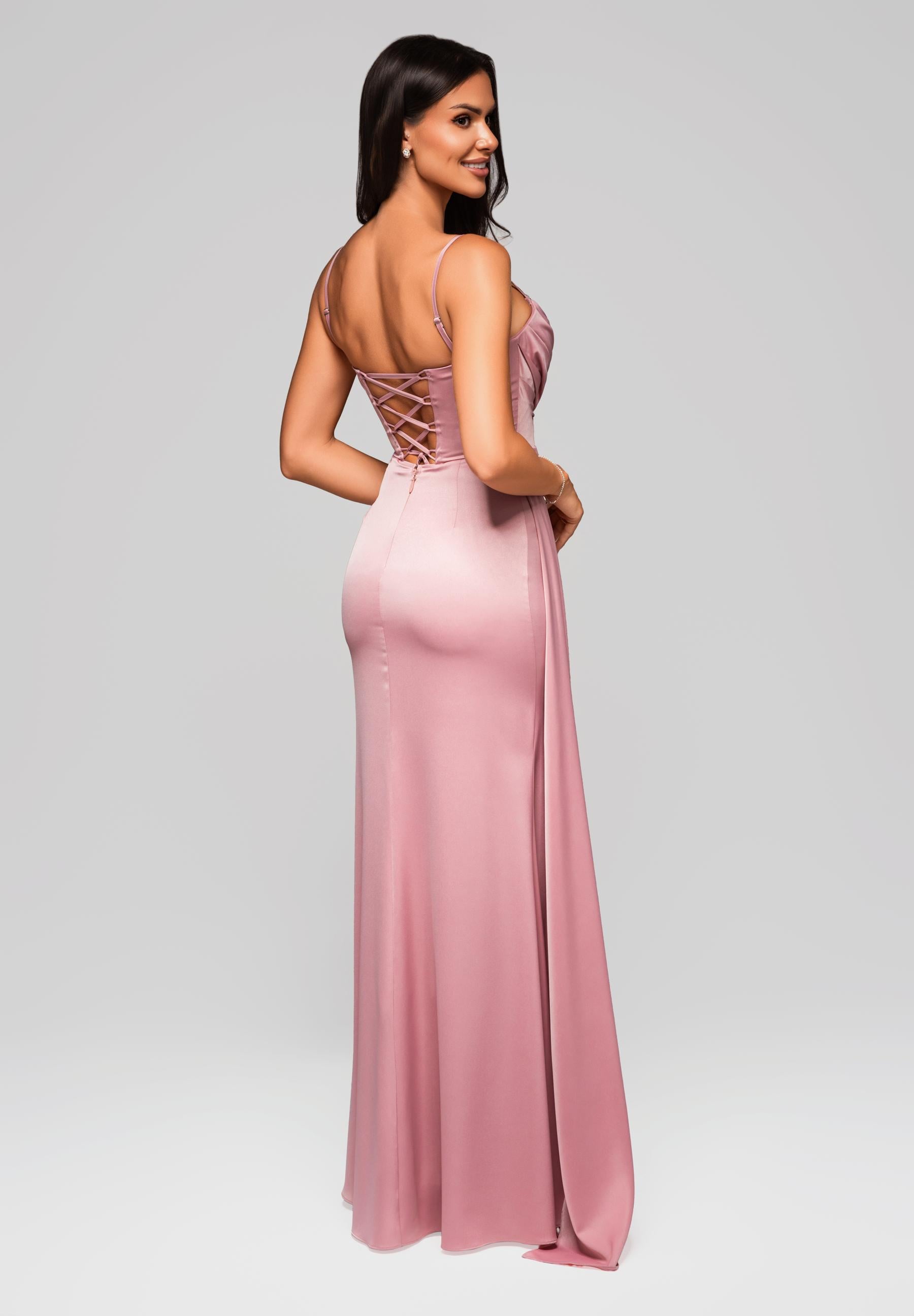 Rosa Maxi-Abendkleid aus Satin mit geradem Ausschnitt — 8