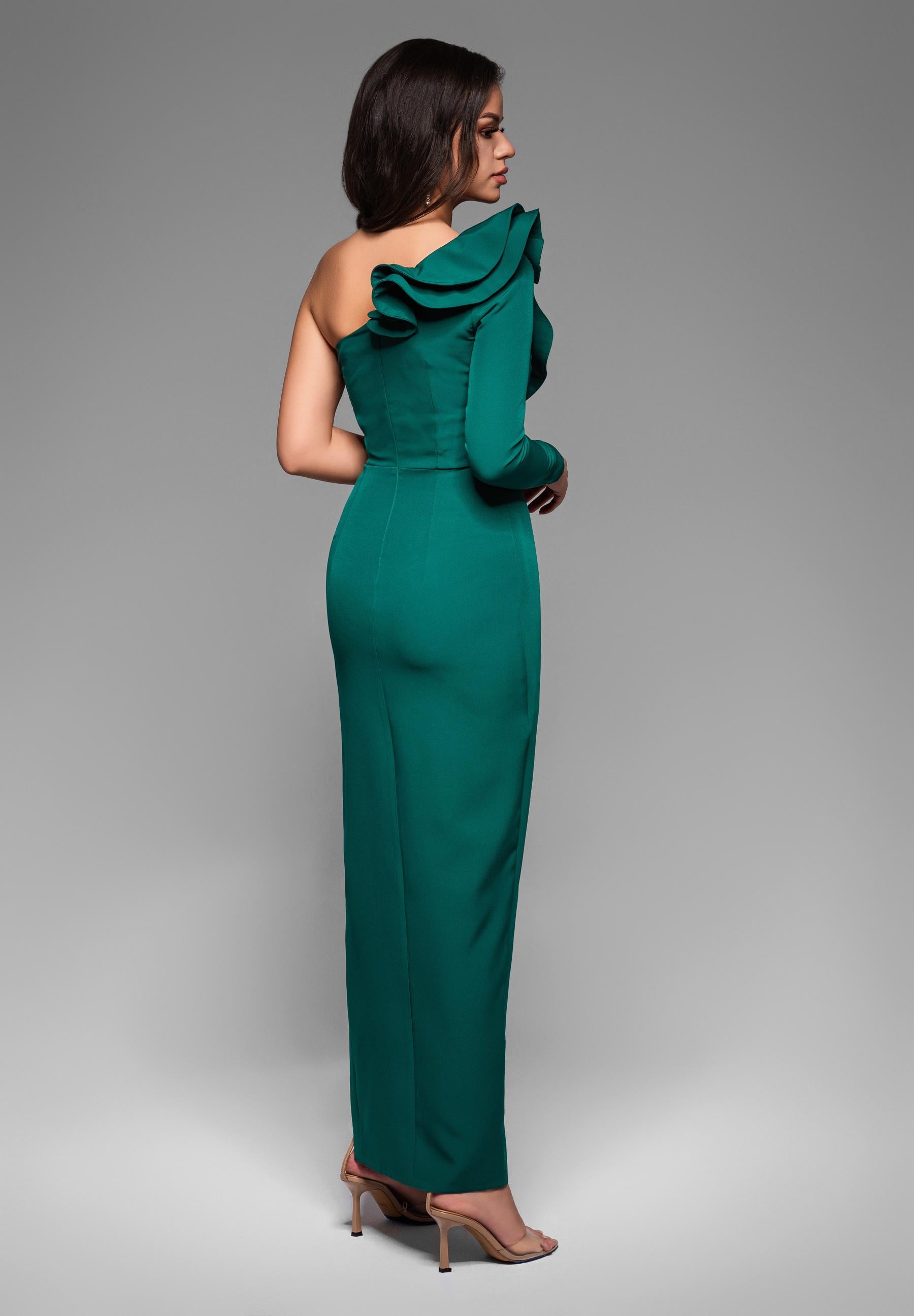 Flaschengrünes Maxi-Abendkleid mit asymmetrischem Ausschnitt — 7