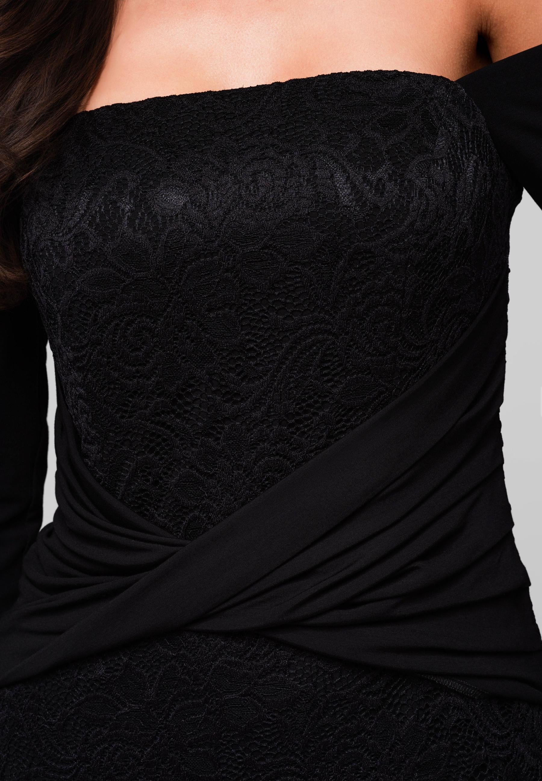 Schwarzes Maxi-Abendkleid aus Spitze mit geradem Ausschnitt — 6