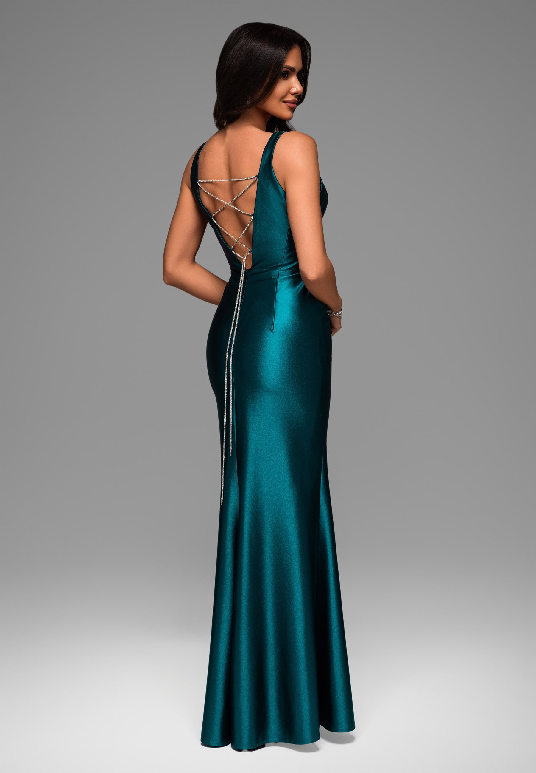Azurblaues Maxi-Abendkleid mit V-Ausschnitt — 7
