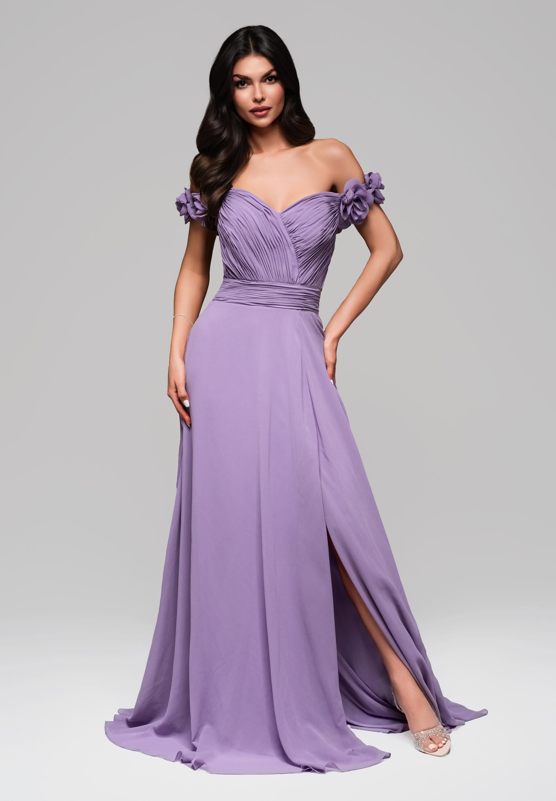 Violettes Maxi-Abendkleid mit Carmen-Ausschnitt — 5