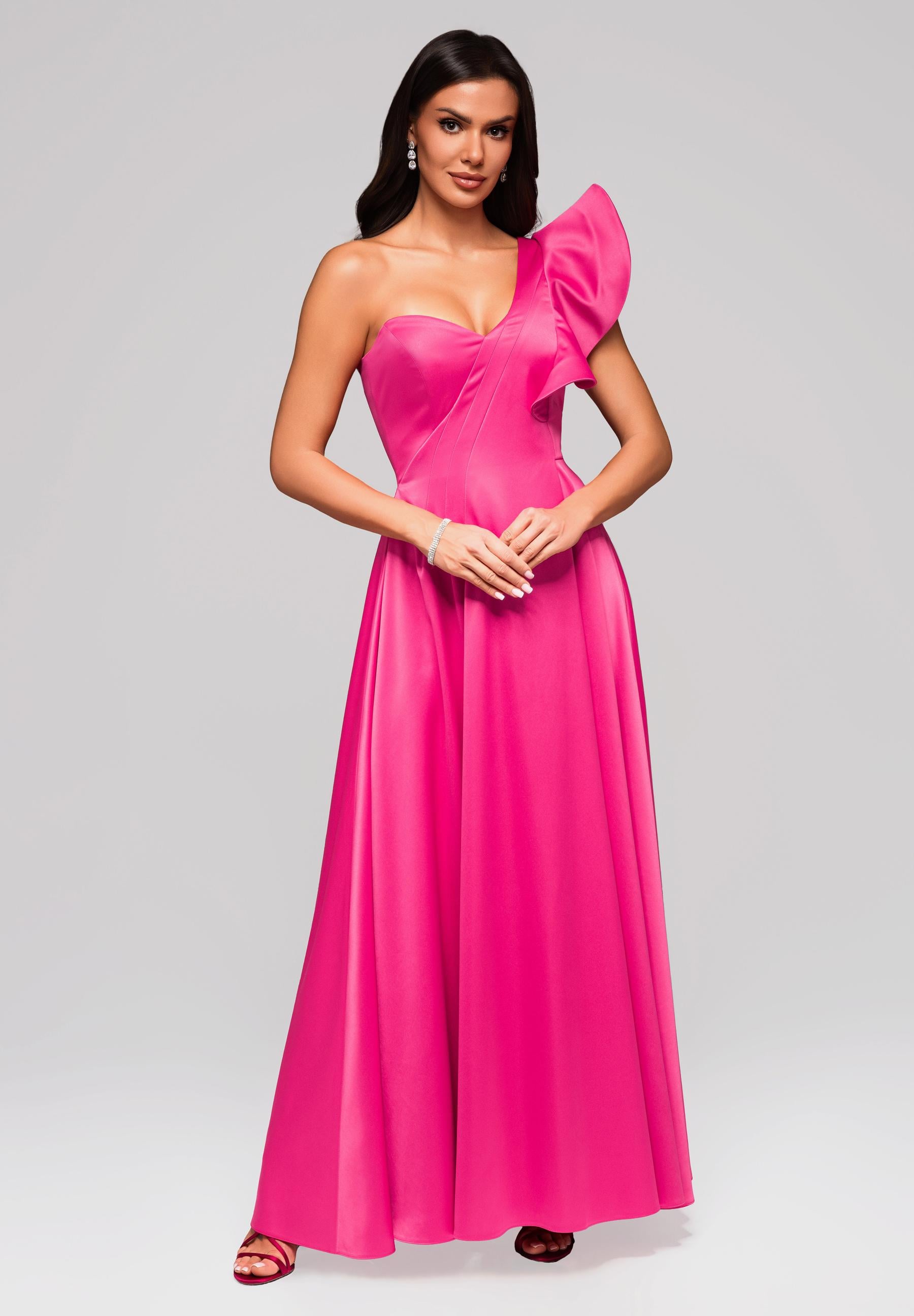 Fuchsiafarbenes Maxi-Abendkleid aus Satin — 3