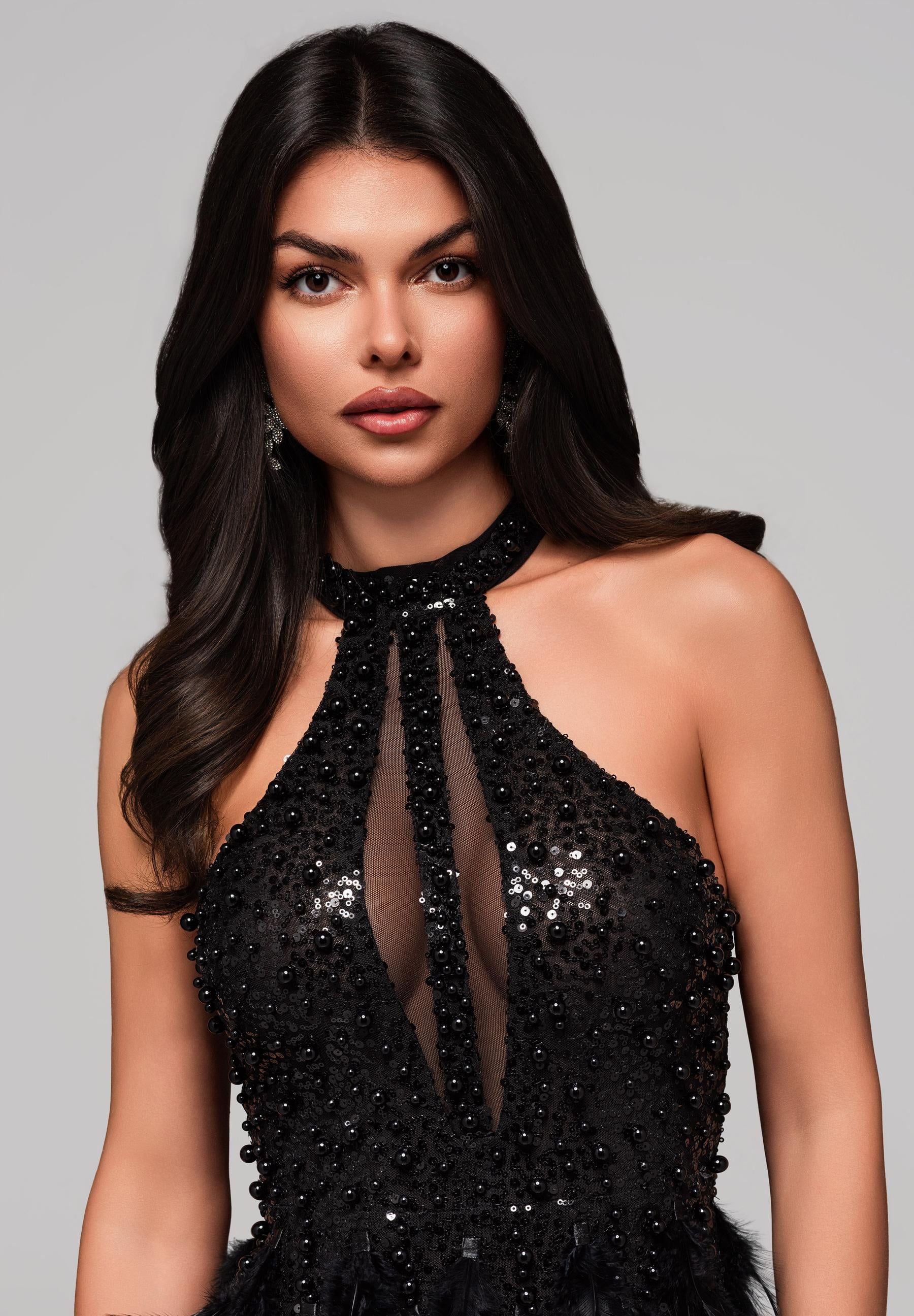 Schwarzes verziertes Mini-Abendkleid mit Stehkragen — 6