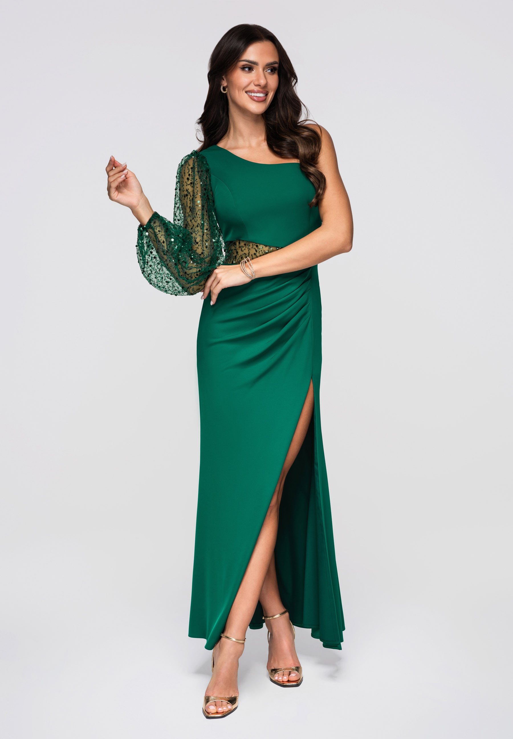 Flaschengrünes Maxi-Abendkleid mit asymmetrischem Ausschnitt — 5