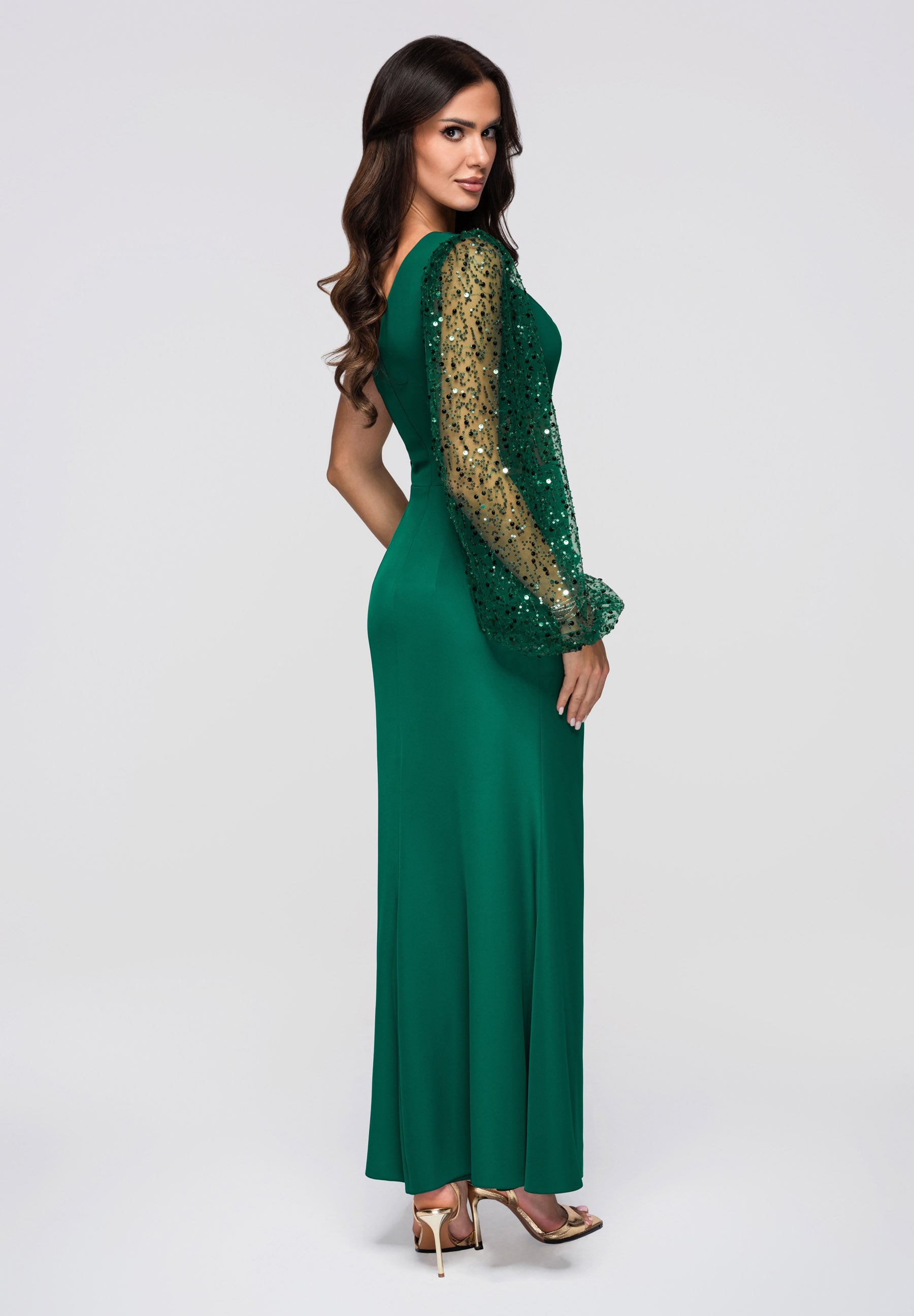 Flaschengrünes Maxi-Abendkleid mit asymmetrischem Ausschnitt — 7