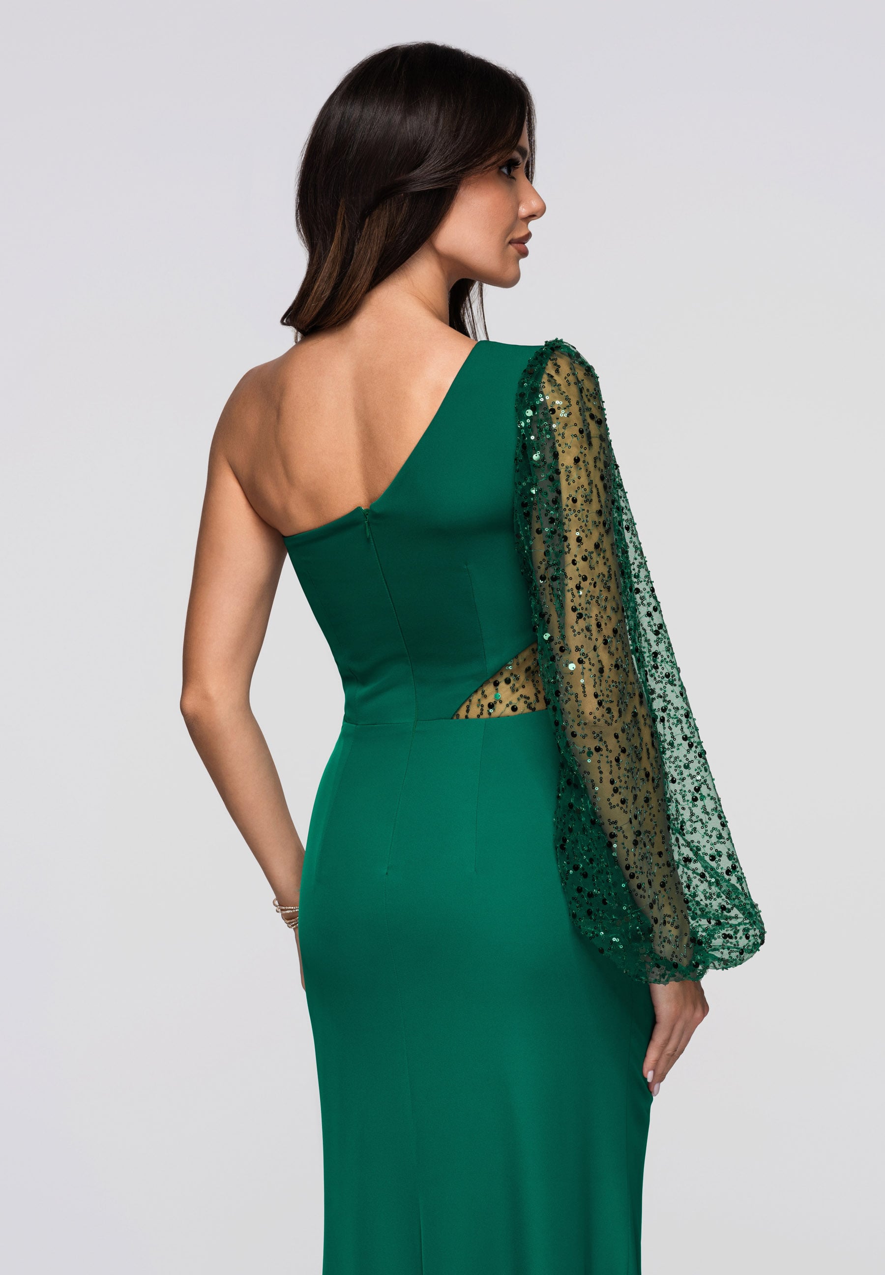 Flaschengrünes Maxi-Abendkleid mit asymmetrischem Ausschnitt — 6
