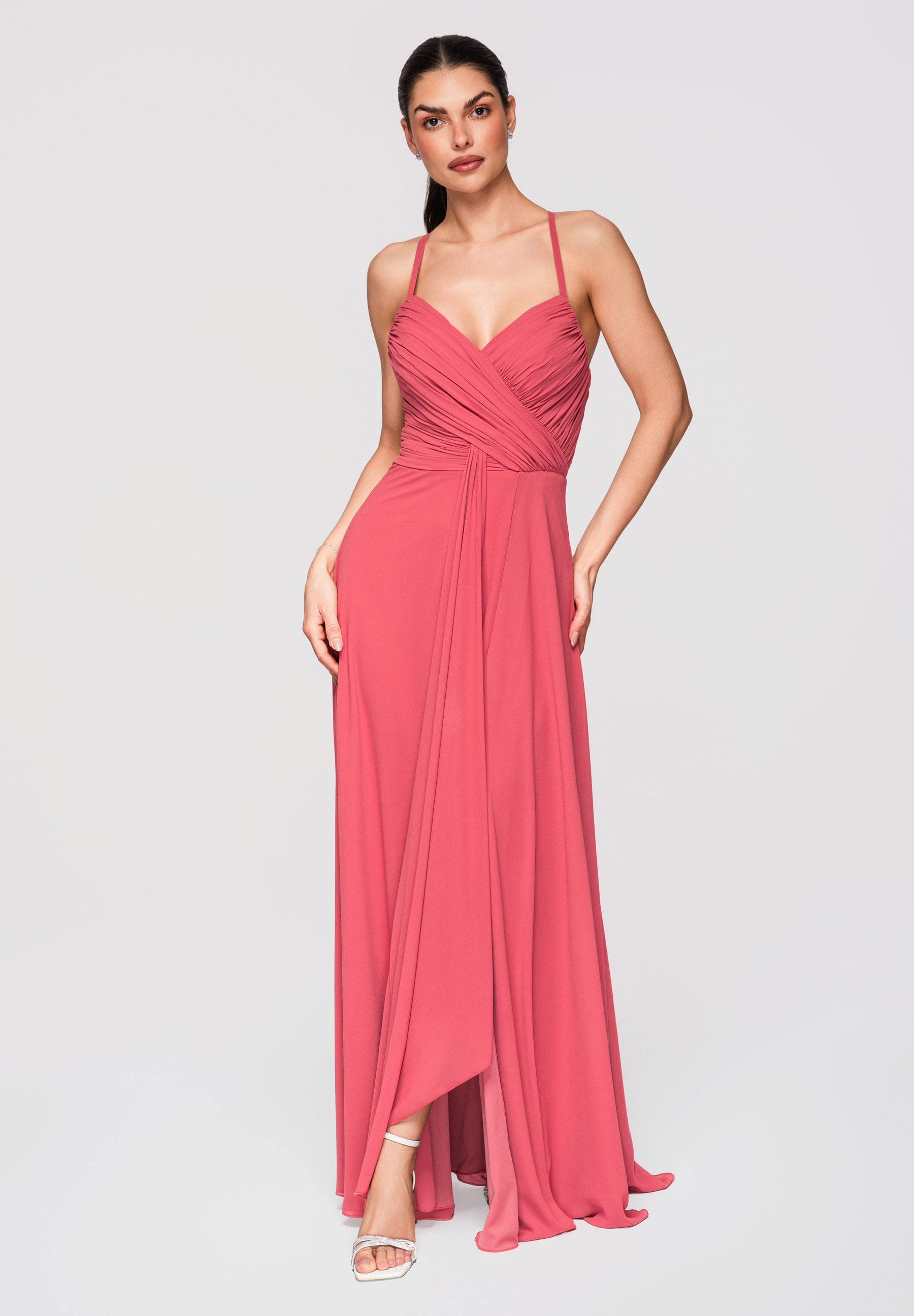 Korallenfarbenes Maxi-Abendkleid mit Wickelausschnitt — 2