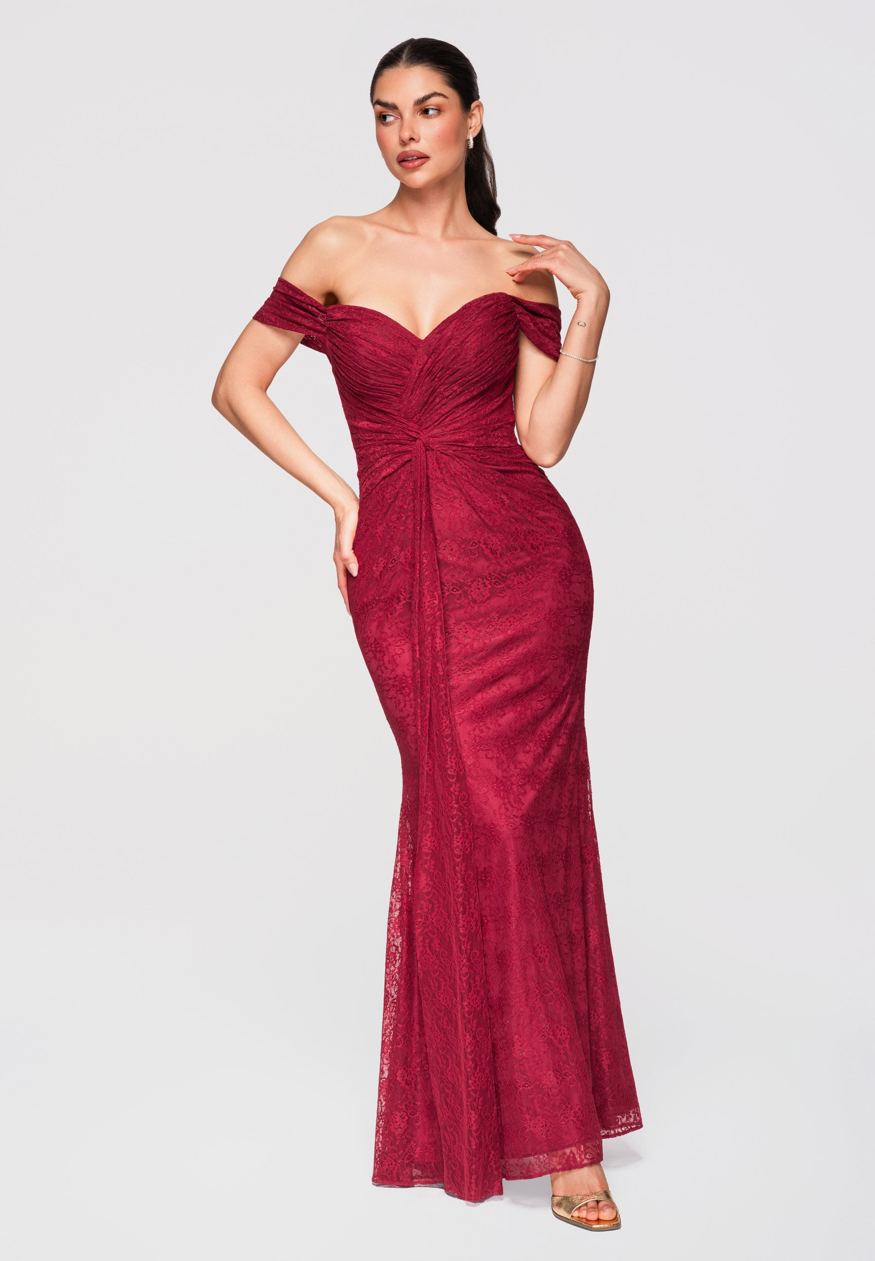 Dunkelrotes Maxi-Abendkleid mit Korsage — 4
