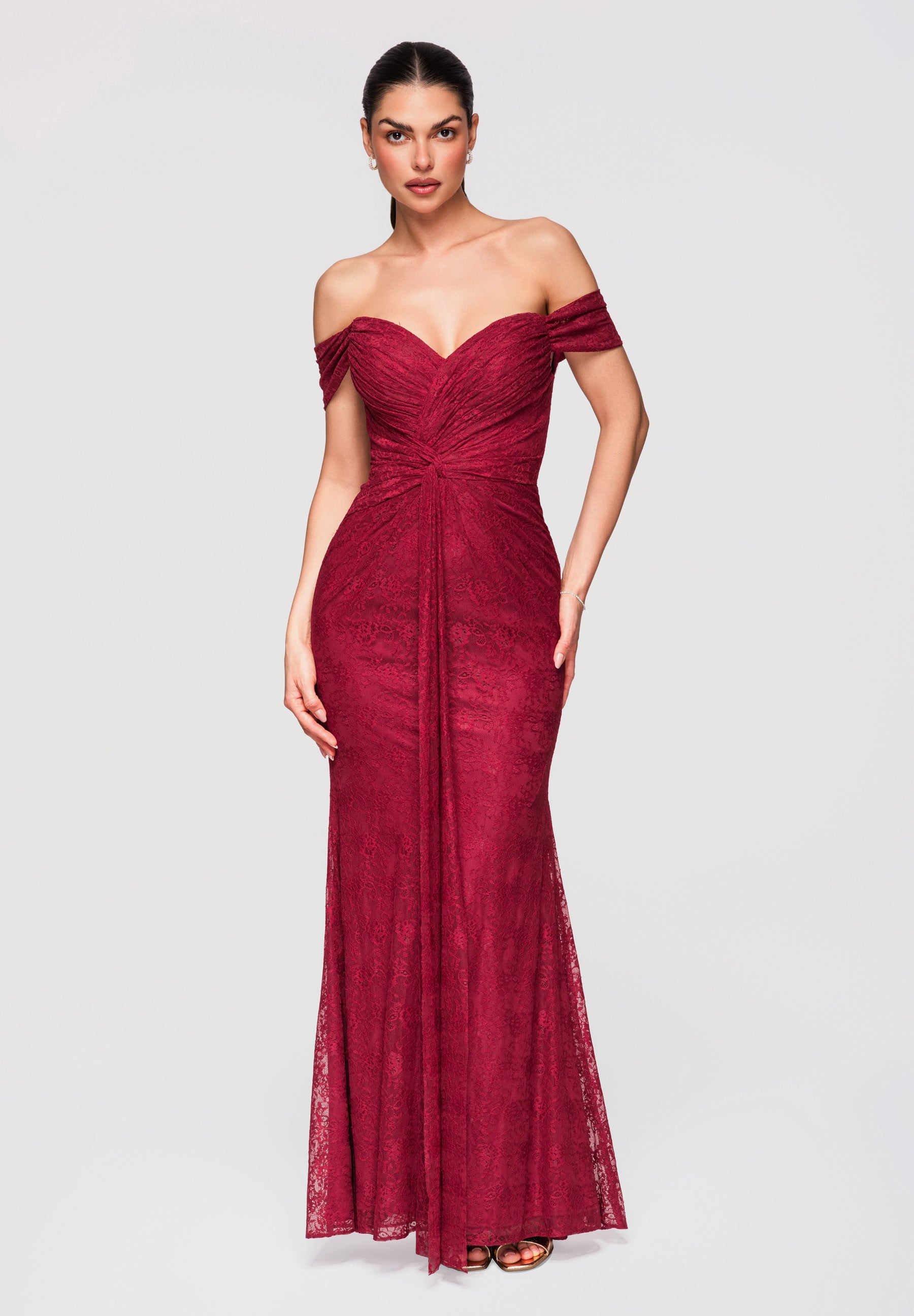 Dunkelrotes Maxi-Abendkleid mit Korsage — 5