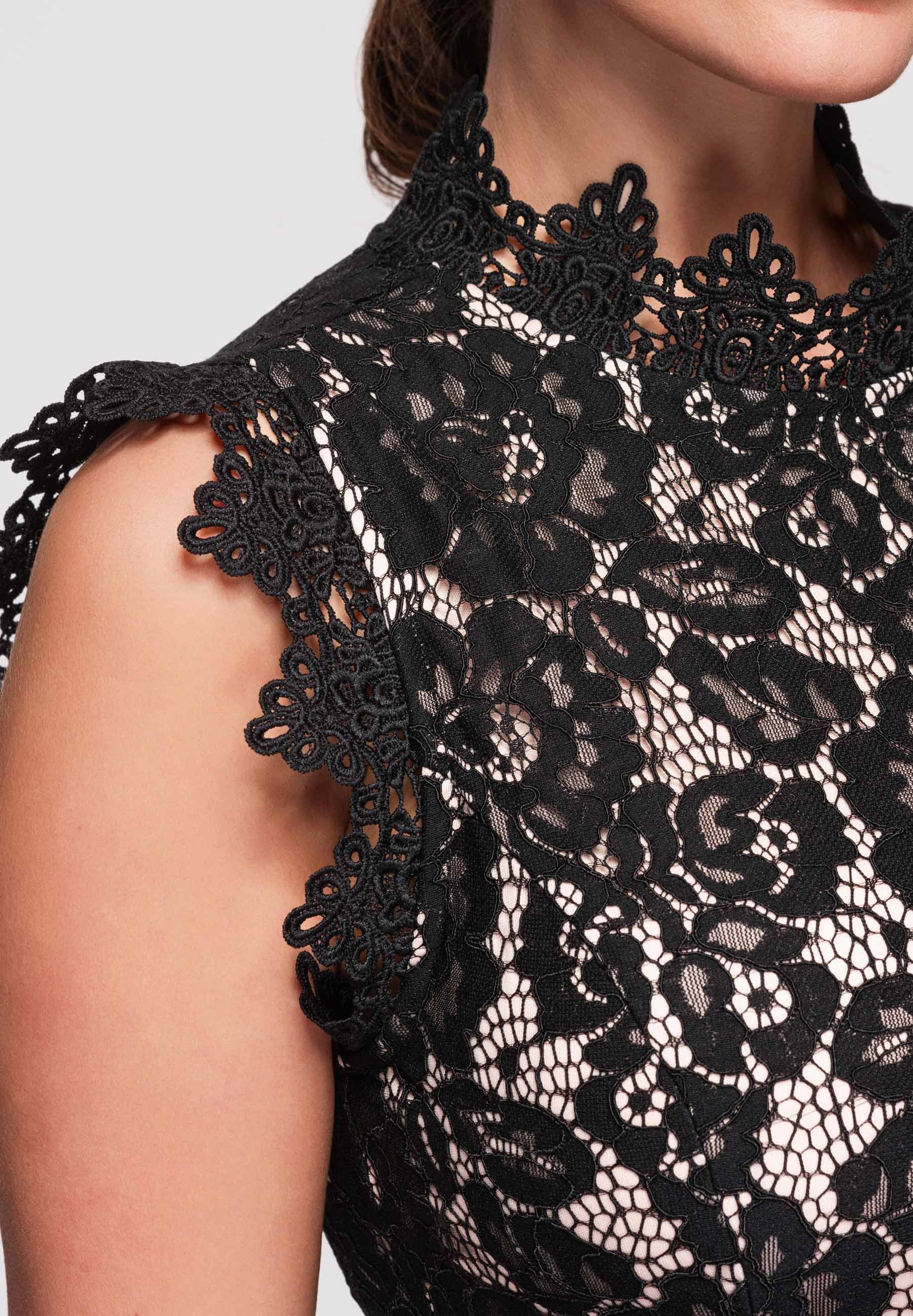 Schwarz-beiges Midi-Abendkleid aus Tüll mit Stehkragen — 4