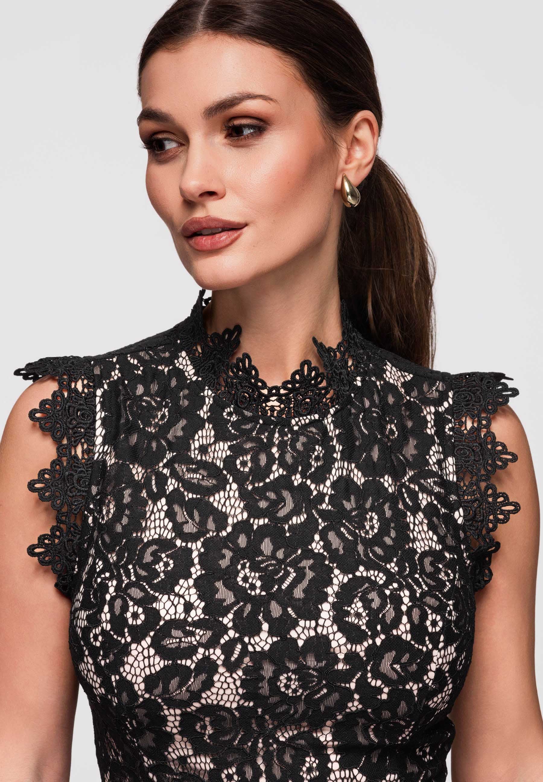 Schwarz-beiges Midi-Abendkleid aus Tüll mit Stehkragen — 6