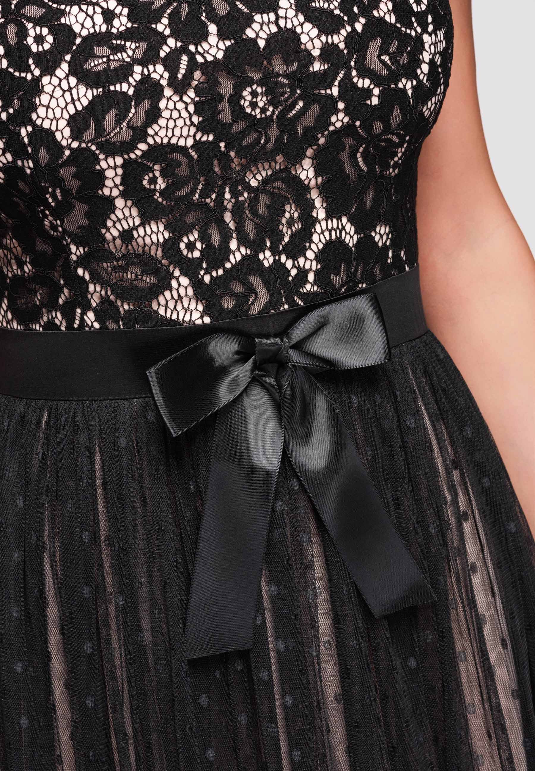 Schwarz-beiges Midi-Abendkleid aus Tüll mit Stehkragen — 8