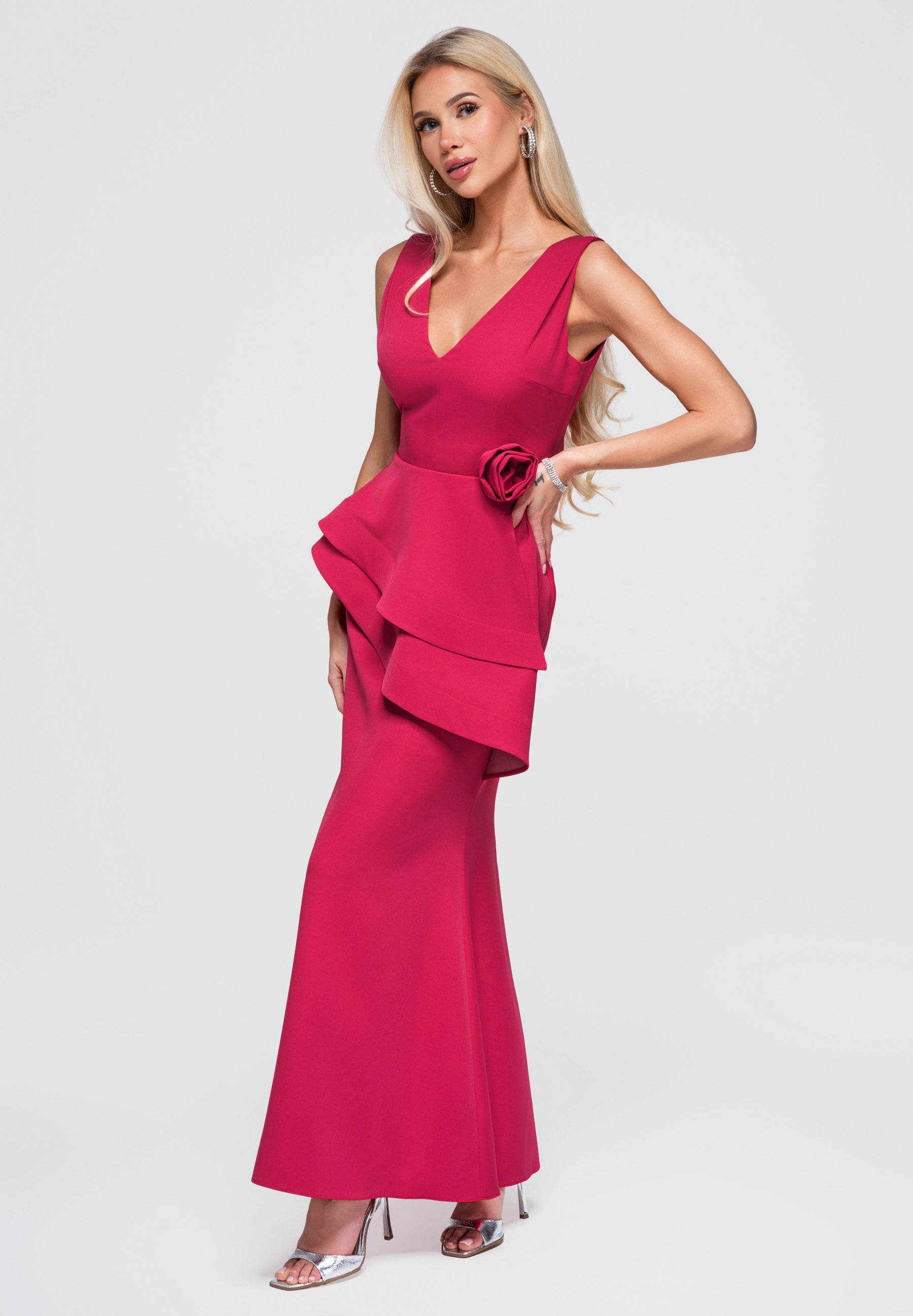 Fuchsiafarbenes Maxi-Abendkleid mit V-Ausschnitt — 2