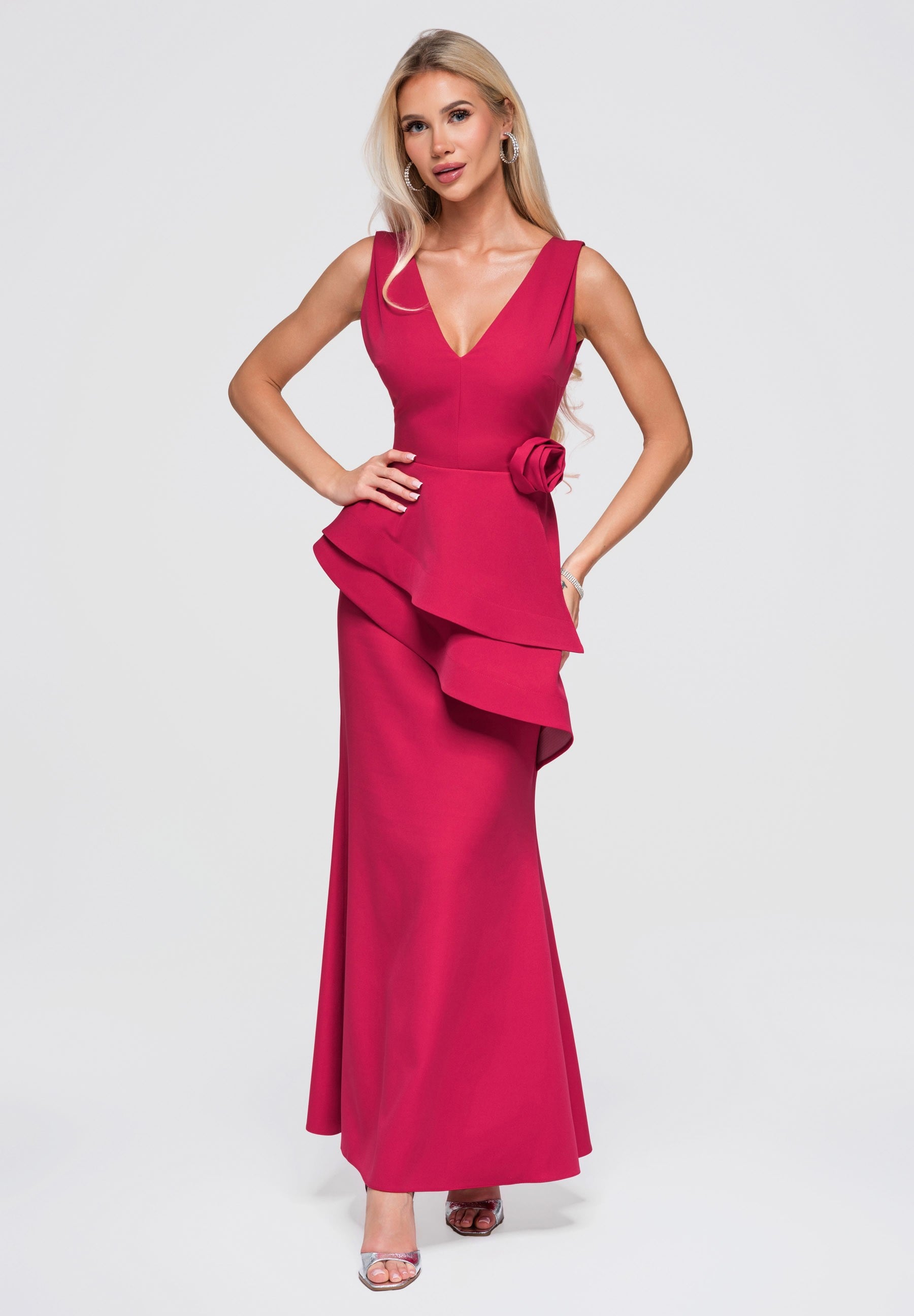 Fuchsiafarbenes Maxi-Abendkleid mit V-Ausschnitt — 5