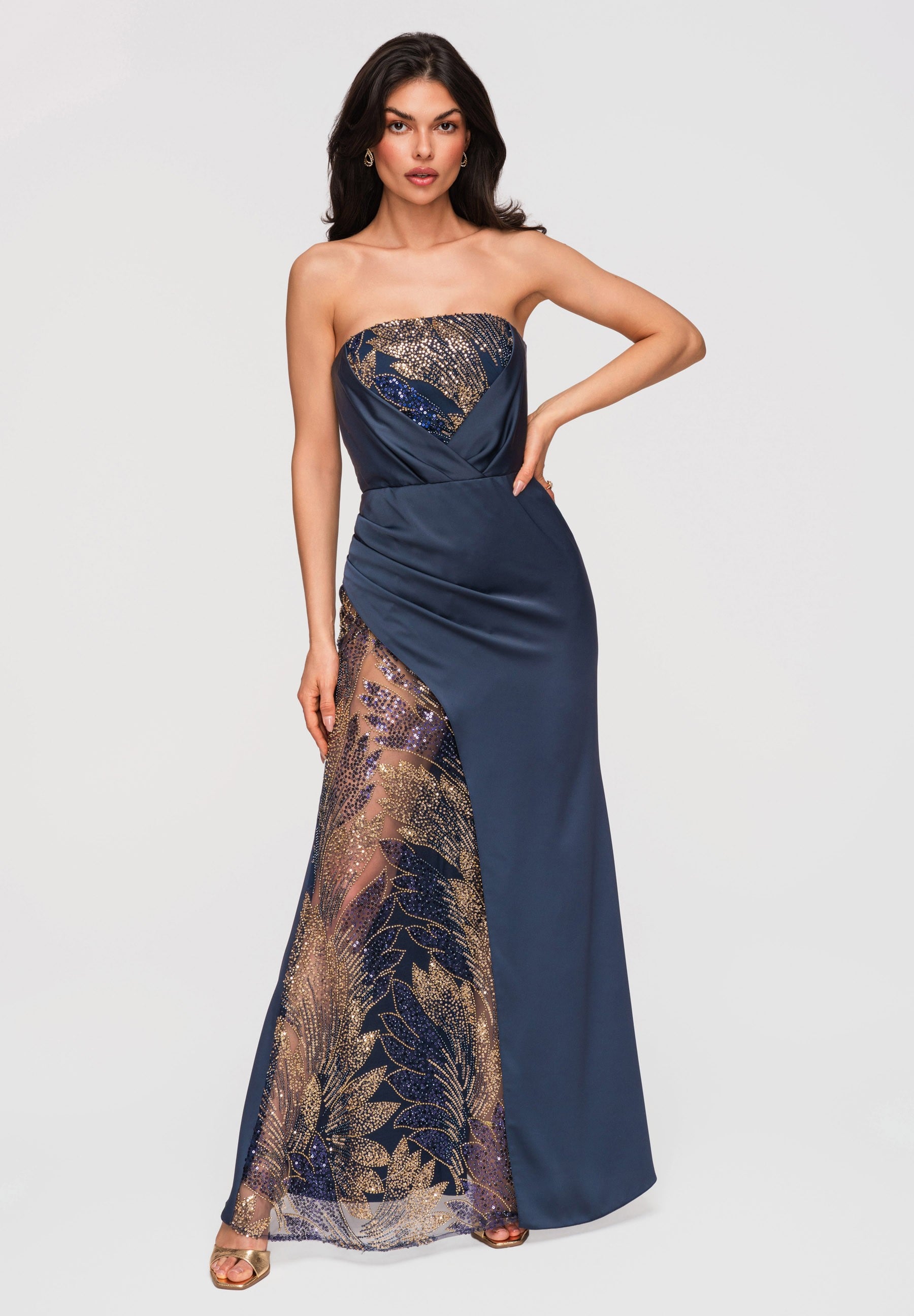 Marineblaues Maxi-Abendkleid mit geradem Ausschnitt — 2