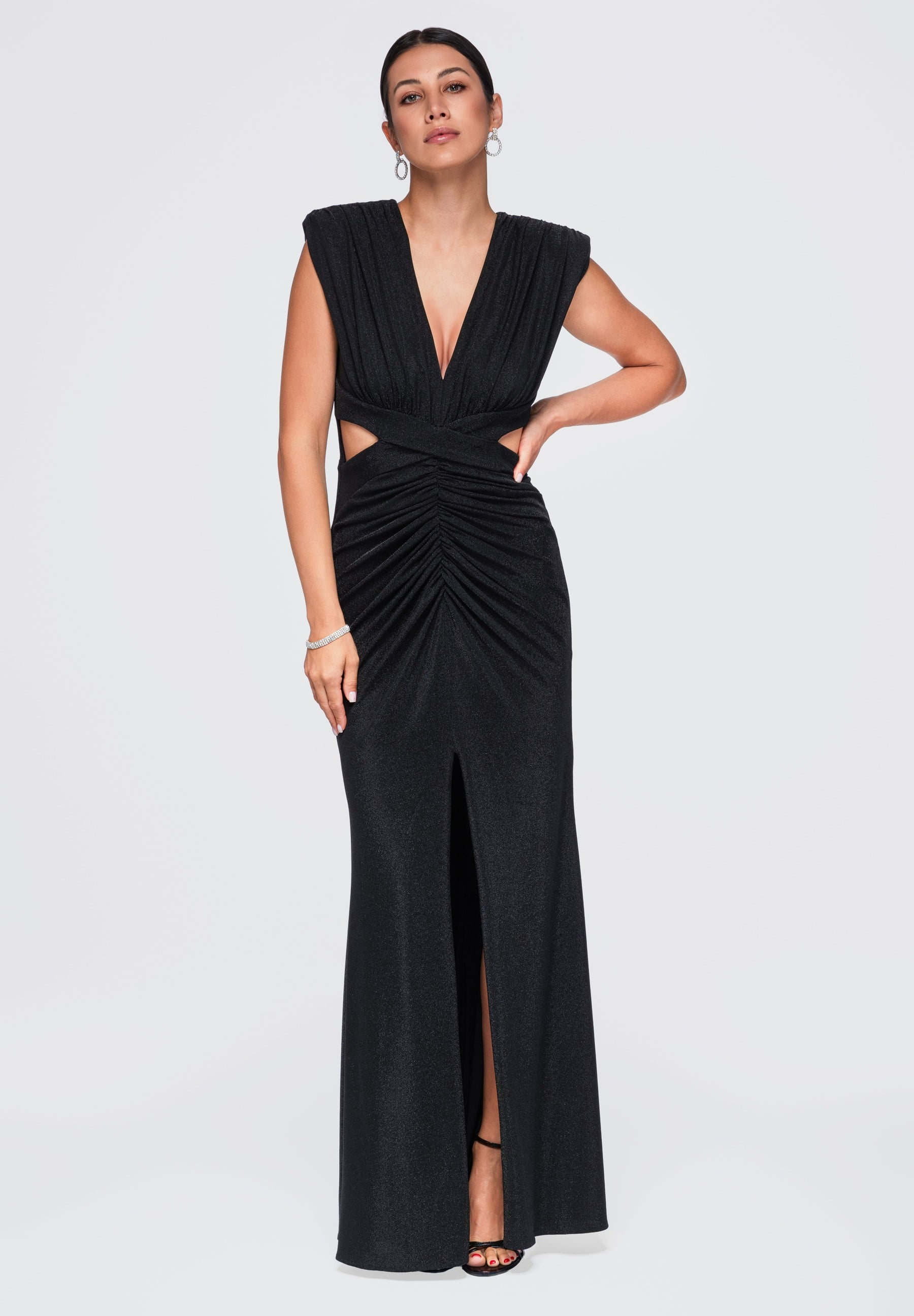 Schwarzes glänzendes Maxi-Abendkleid — 1