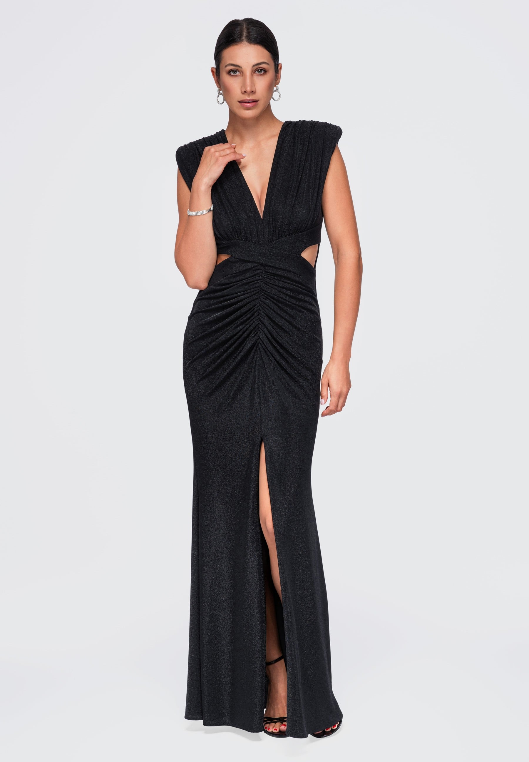 Schwarzes glänzendes Maxi-Abendkleid — 6
