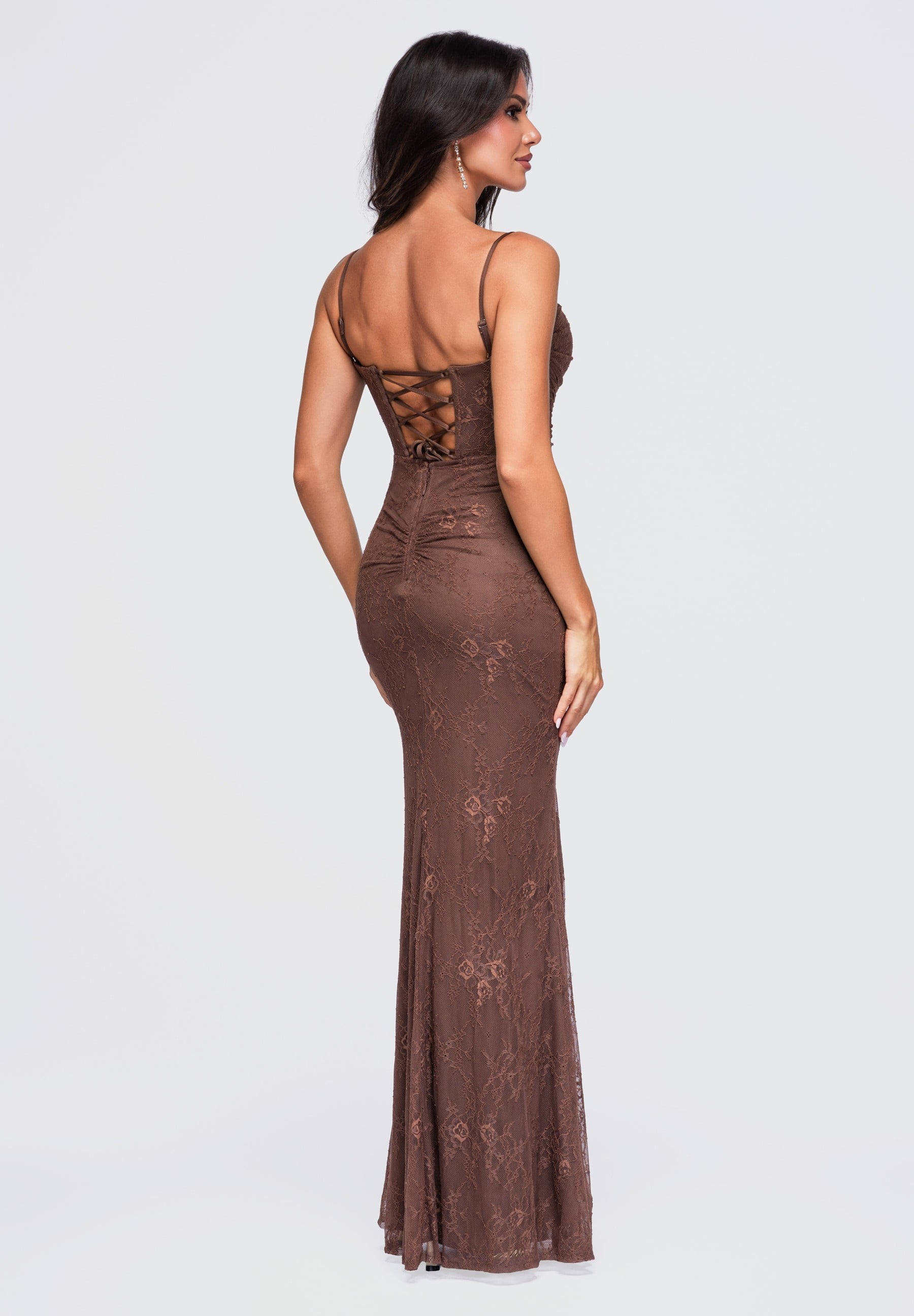 Brown lace maxi evening dress with a sweetheart neckline — 5