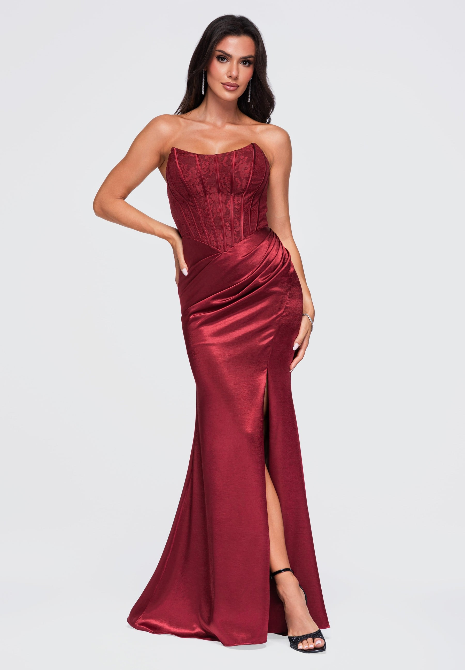 Burgundy strapless satin maxi evening dress — 1