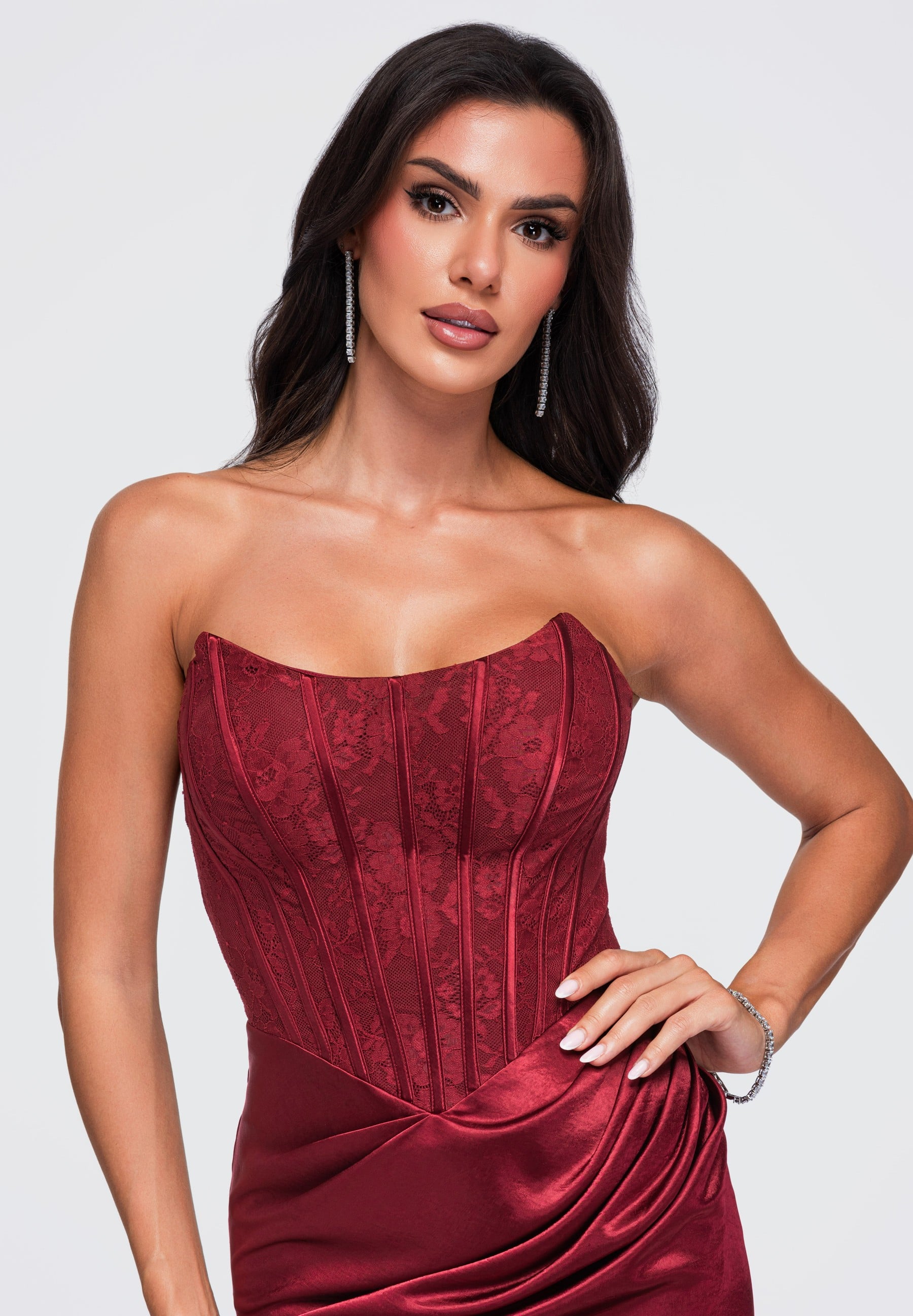 Burgundy strapless satin maxi evening dress — 2