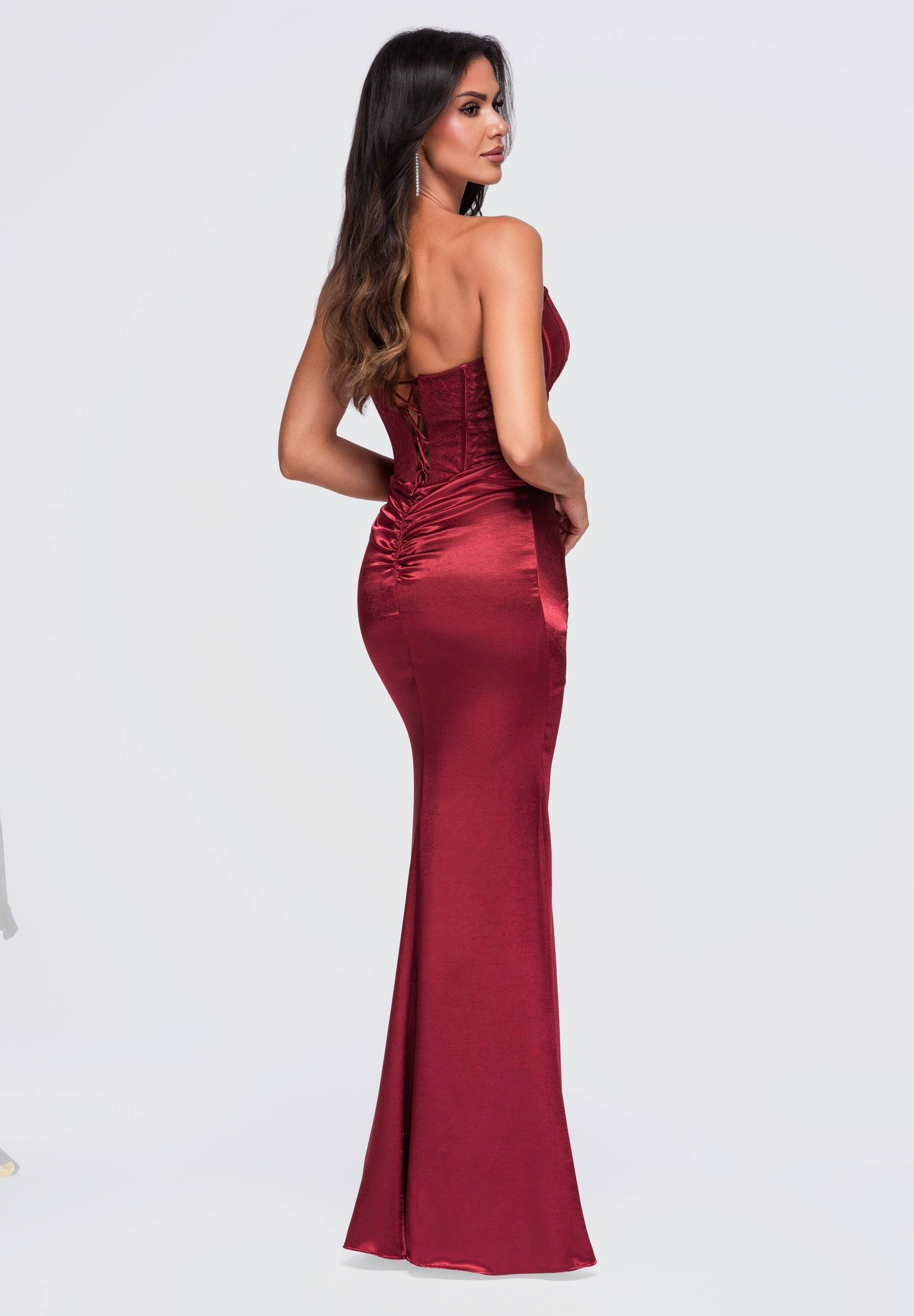 Burgundy strapless satin maxi evening dress — 3