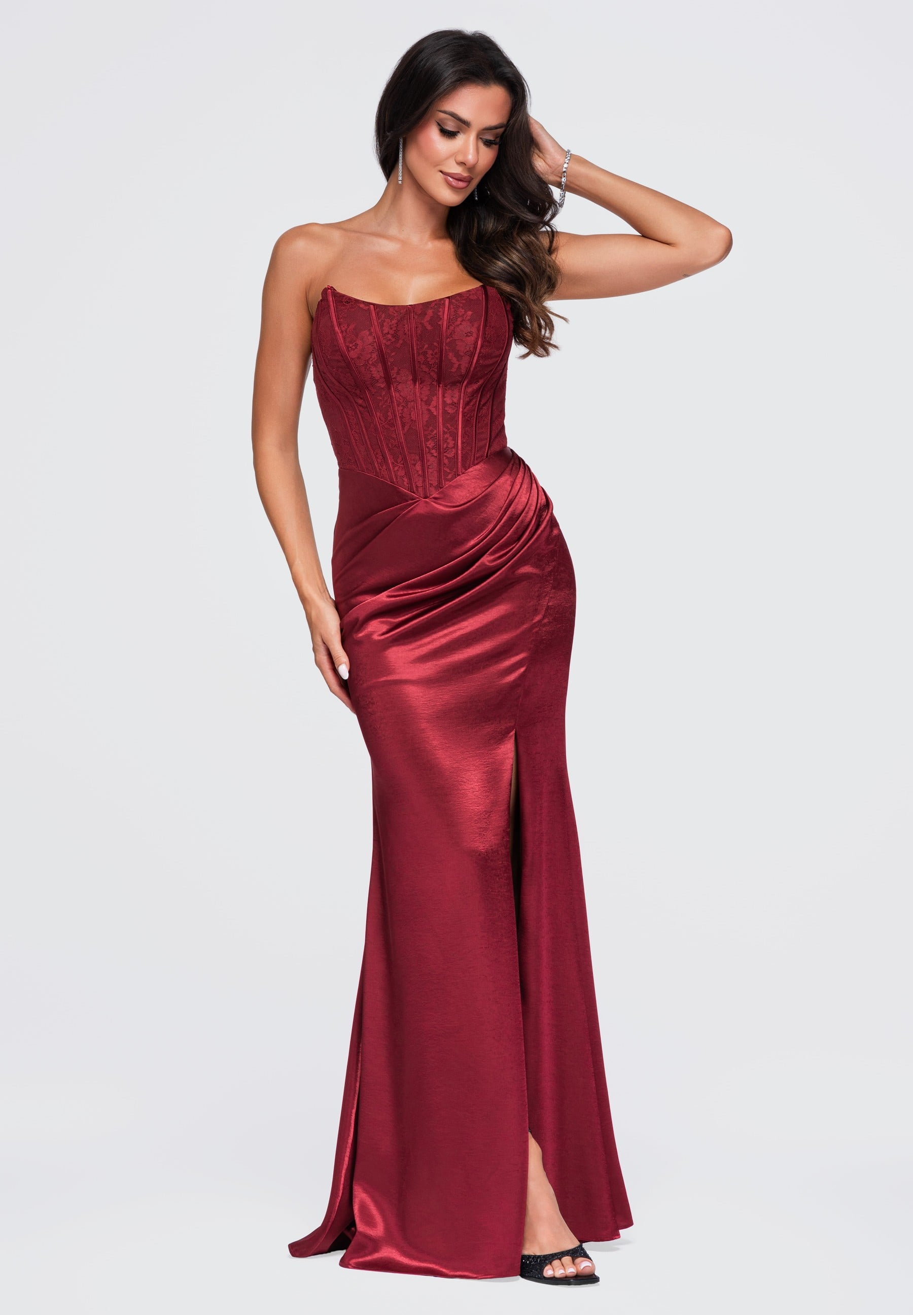 Burgundy strapless satin maxi evening dress — 5
