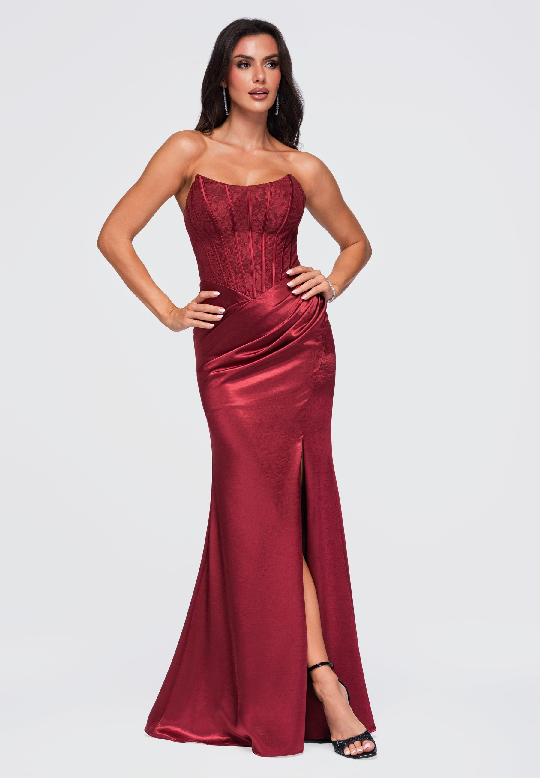 Burgundy strapless satin maxi evening dress — 7