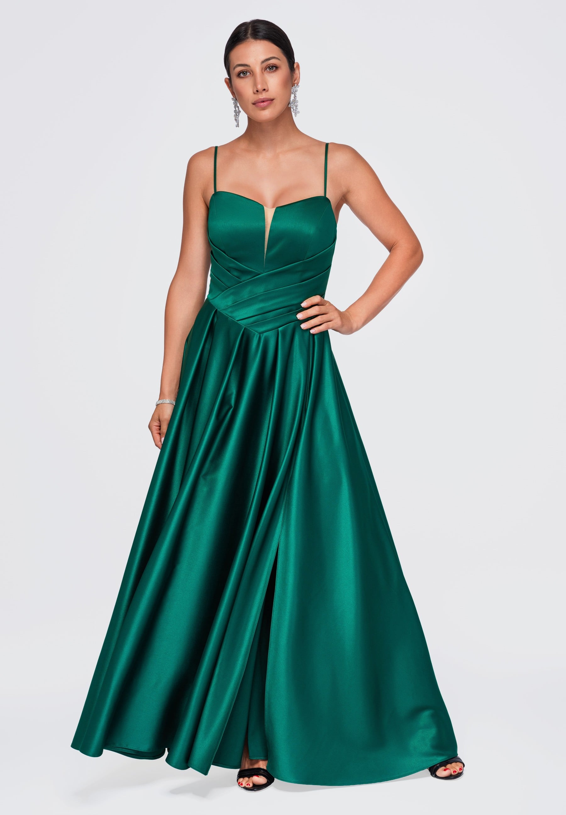Flaschengrünes Maxi-Abendkleid aus Satin — 3