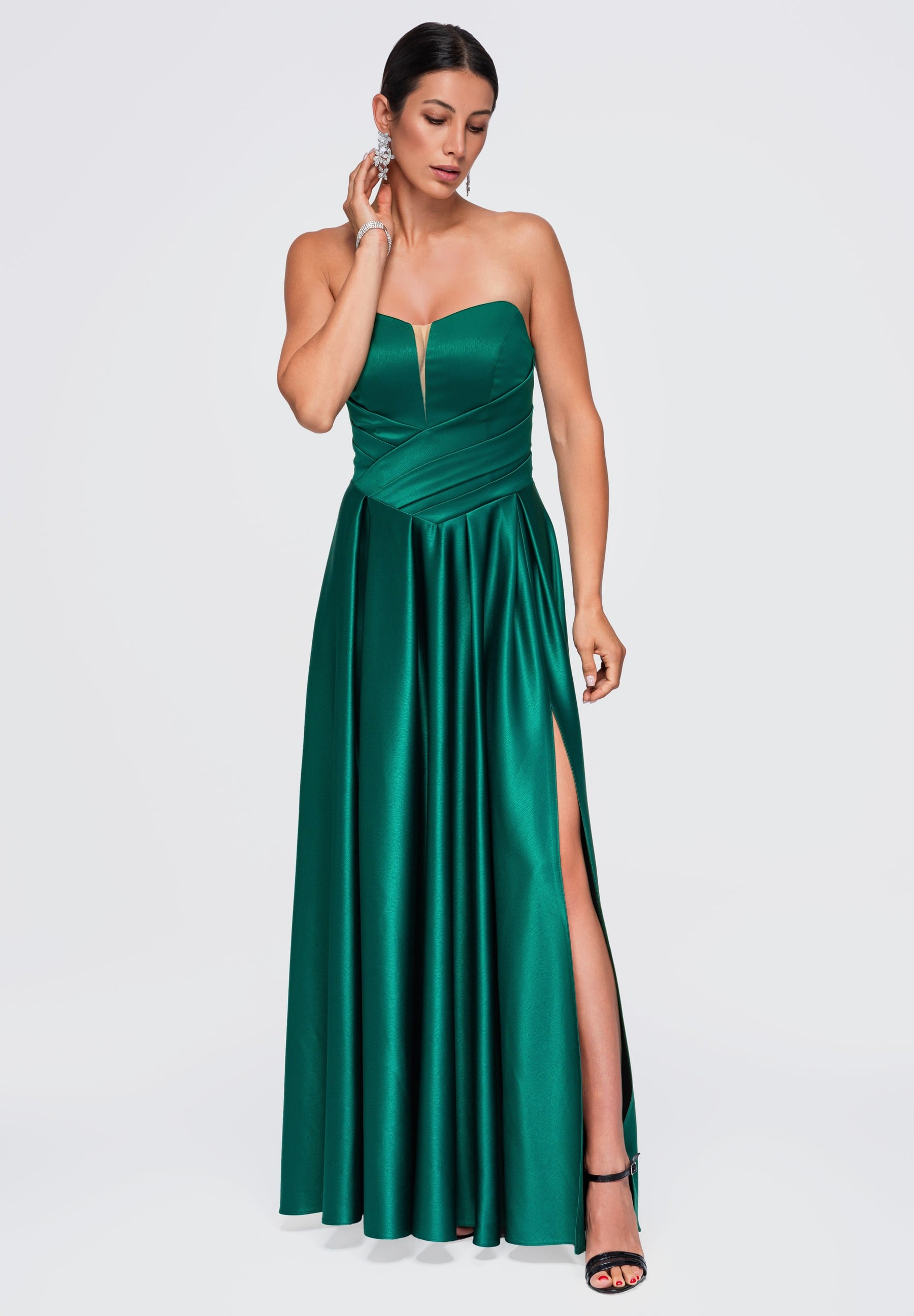 Flaschengrünes Maxi-Abendkleid aus Satin — 7